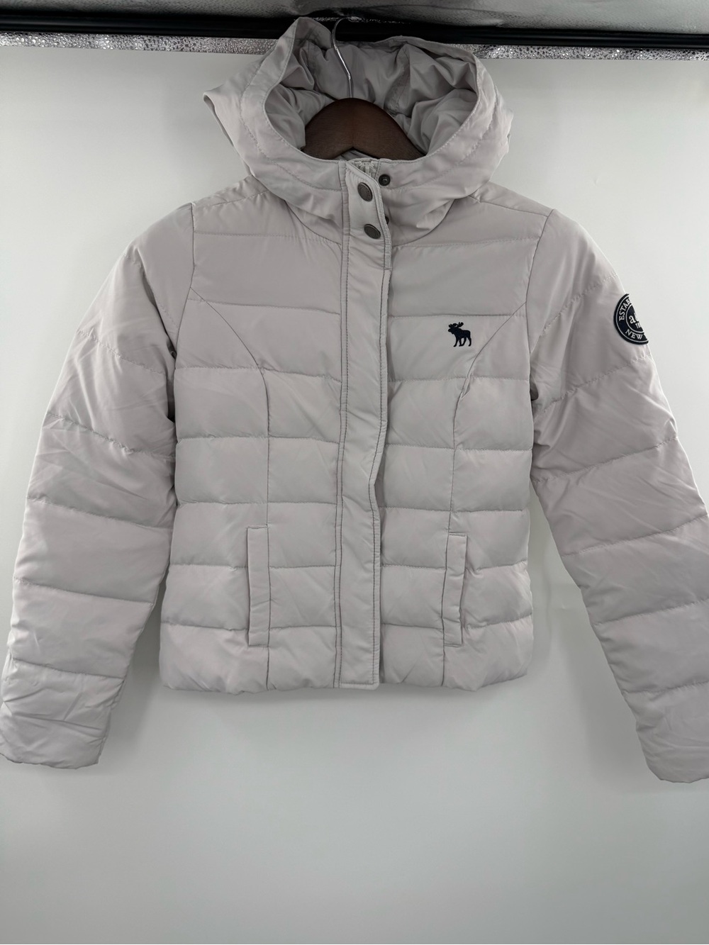 Abercrombie Kids Girls XL Puffer Jacket Gray Stone Down Feather Hooded Coat
